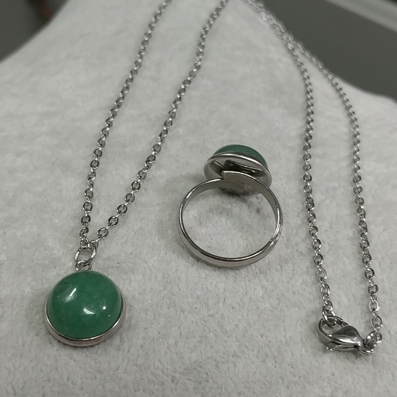 Aventurine Necklace & Ring Set Natural Gemstone Adjustable Stainless-Steel Ring - Picture 7 of 11